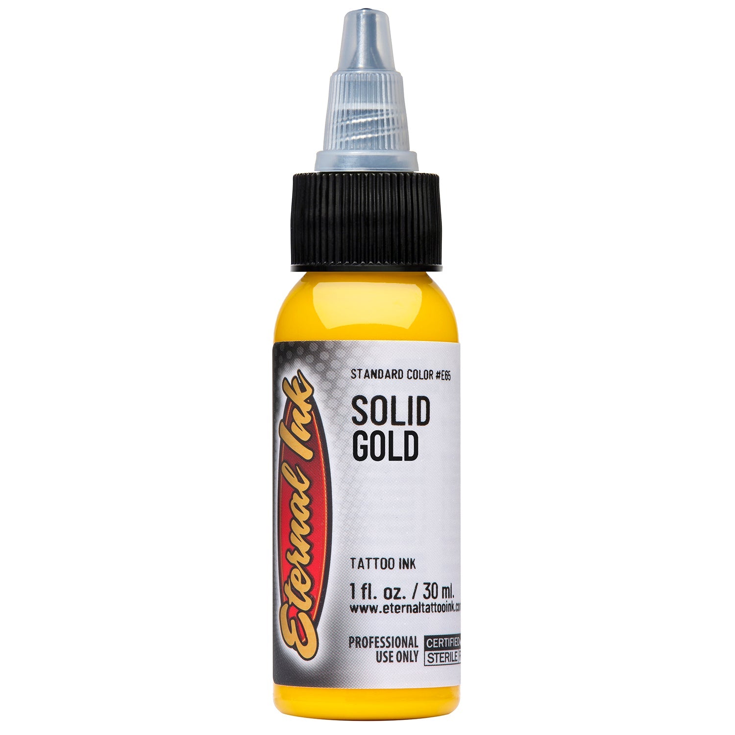 The front of the certified sterile and water-based Eternal Ink Solid Gold Tattoo Ink 1oz. bottle.