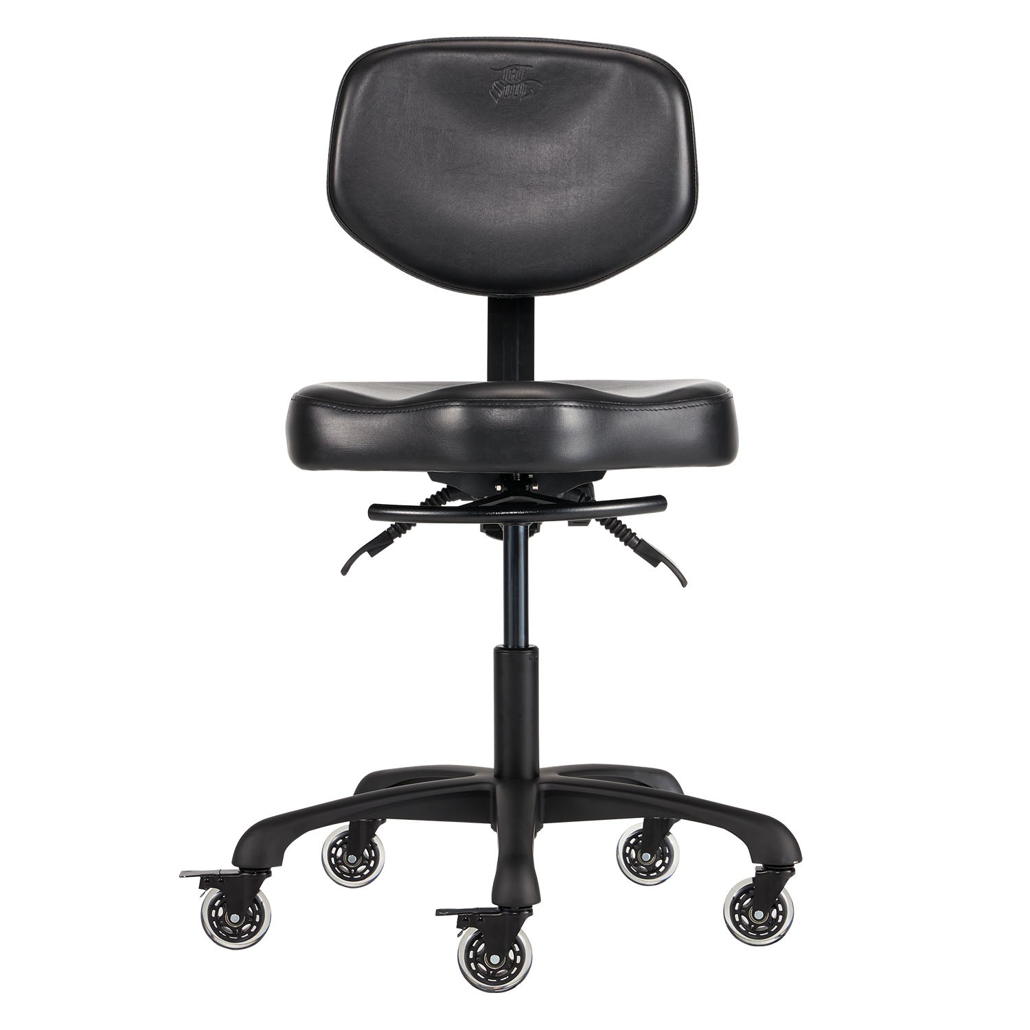 A black Oros Tattoo Artist Chair is an artist chair on wheels by TATSoul. 