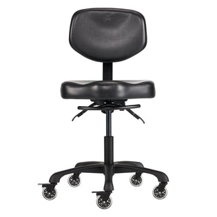 A black Oros Tattoo Artist Chair is an artist chair on wheels by TATSoul. 